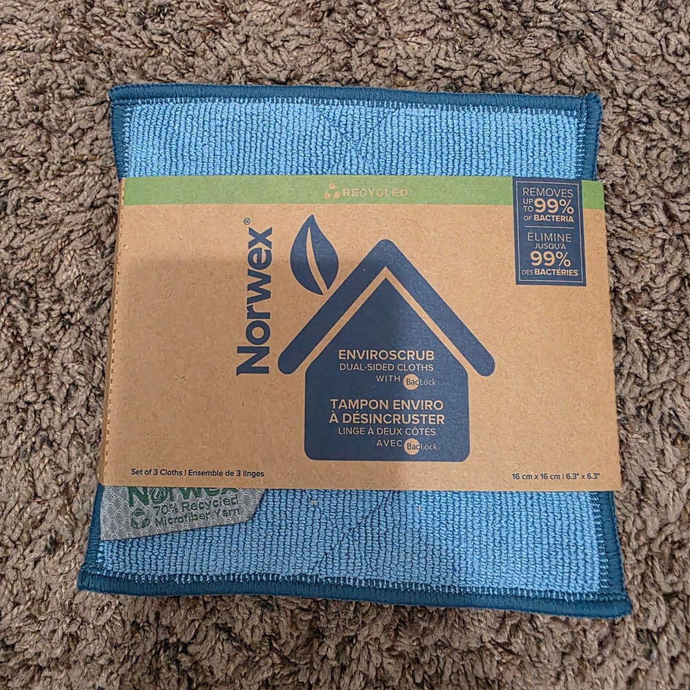 Norwex EnviroScrub 3pc Set Blue Recycled Microfiber Dual Sided Scrub Cloths NEW